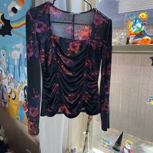 Bold elements black and purple floral print square neckline long sleeve top